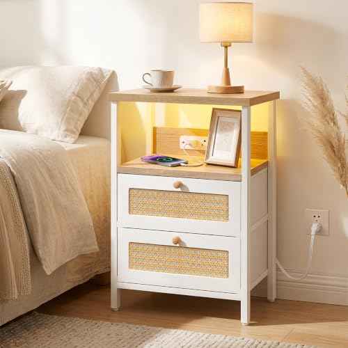 Night Stand with Charging Station (15.7"D x 11.8"W x 23.6"H (2 drawers) / Power+Light (1pc) / Natural Oak & White)