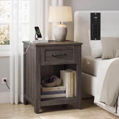 Farmhouse Nightstand with Charging Station (Taupe Brown / 1 PACK)