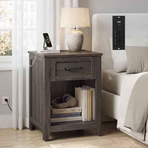 Farmhouse Nightstand with Charging Station (Taupe Brown / 1 PACK)
