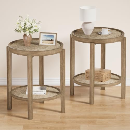 Rattan Round Side Table End Table Set of 2 with Storage Shelf (Caramel Oak, Round)