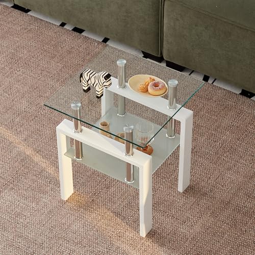 2pcs Modern Glass End Table (Clear Top With White Leg)
