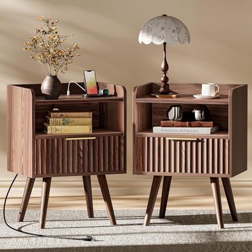 Nightstand Set of 2 with Charging Station (Walnut)