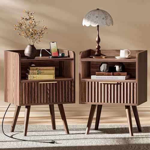 Nightstand Set of 2 with Charging Station (Walnut)