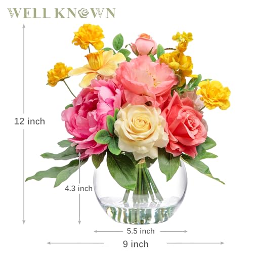 Artificial Flowers Centerpieces in Glass Vase with Fake Water (Yellow, Coral & Hot Pink)