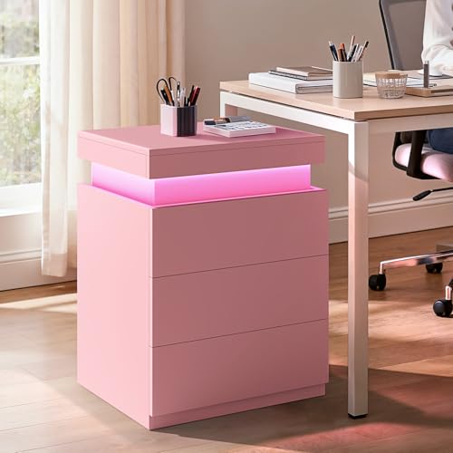 Pink Nightstand with Charging Station and LED Lights (Pink)