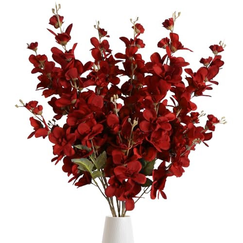 6PCS 35.43'' Red Delphinium Artificial Flower Faux Larkspur Silk Flowers Long Stem Blossoms Flowers for Tall Vase Floral Arrangements Home Table Wedding Decor (Red)