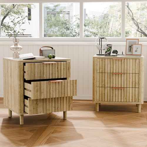 Fluted Nightstand Set of 2 with Charging Station (Oak / 3 Drawers)