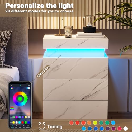 Modern Nightstand with LED Lights (White Marble)