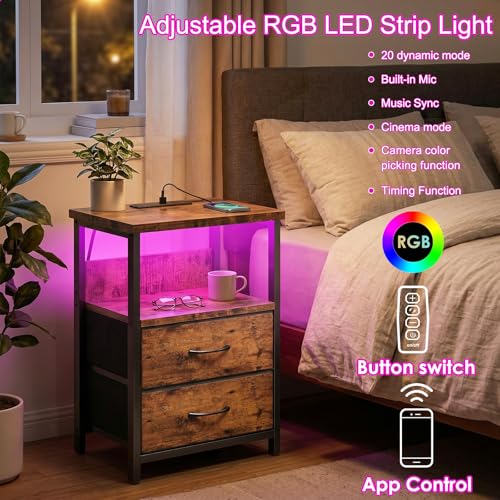 Night Stand with Charging Station (15.7"D x 11.8"W x 23.6"H (2 drawers) / Power+Light (1pc) / Rustic Brown)