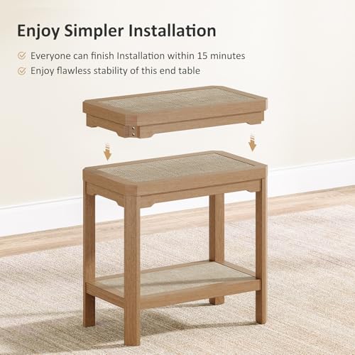 Rattan Side Table End Table Set of 2 with Geometric Edge (Natural Oak, Geometric Edges)