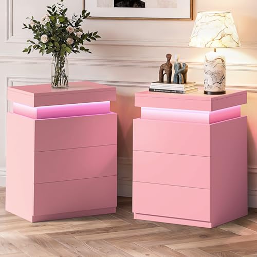 Pink Nightstand with Charging Station and LED Lights (Pink)