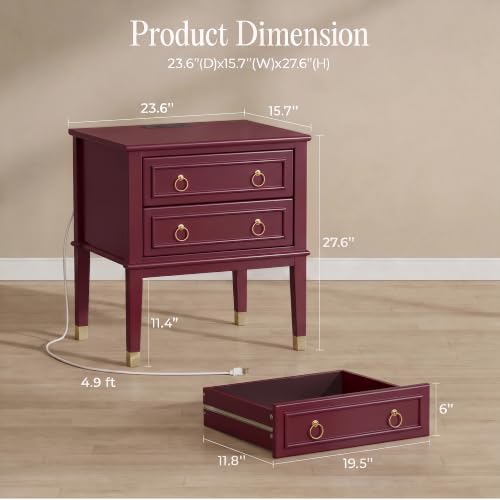 27.6 Inch Tall Nightstand with Charging Station (Burgundy)