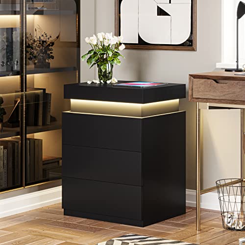 Black Nightstand with Charging Station and LED Lights (Black)