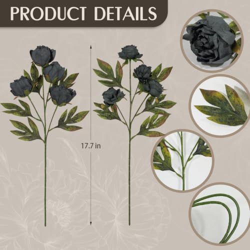 8 PCS 18" Faux Peonies Artificial Flowers Silk Flowers for Vase (Charcoal Black / 8P)