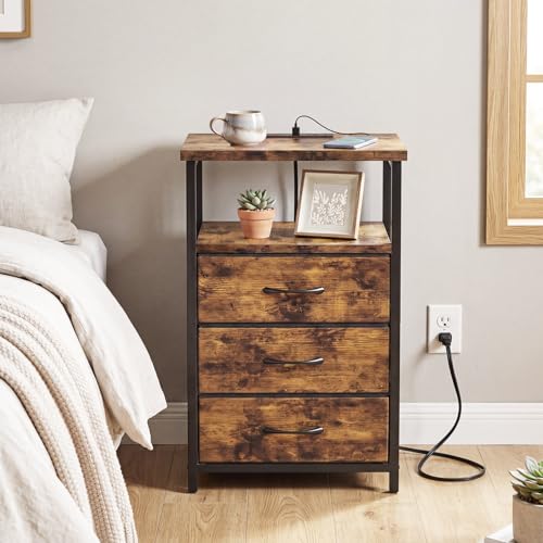 Night Stand with Charging Station (15.7"D x 11.8"W x 26.9"H (3 drawers) / Power (1pc) / Rustic Brown)