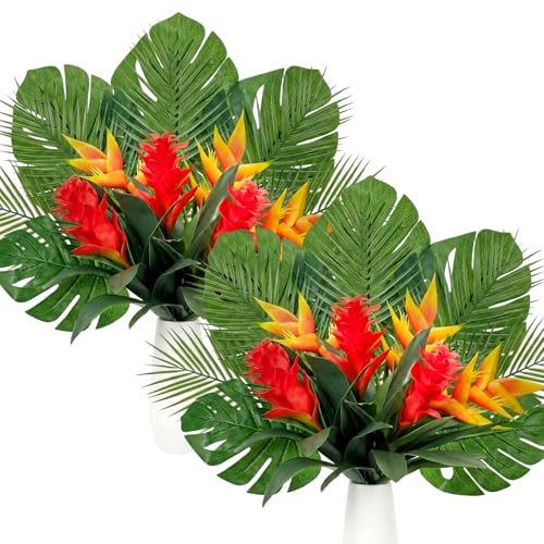 24 Pcs Artificial Tropical Bouquet Artificial Tropical Flowers Centerpieces for Tables Bromeliad Monstera Palm Leaves and Heliconia for Hawaiian Party Birthday Wedding Table Decor