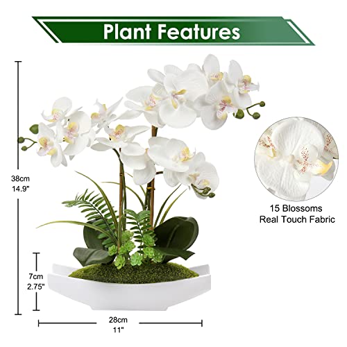 Orchids Artificial Flowers 15" Large Fake Orchid White Phalaenopsis Orchid Flower Arrangements with Vase Faux Orchid for Home Living Room Table Centerpiece Office Table Decor (White#4)
