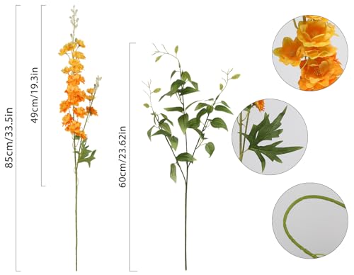 9Pcs Orange Artificial Delphinium Flowers Combo Clematis Greenery Stems (Orange)