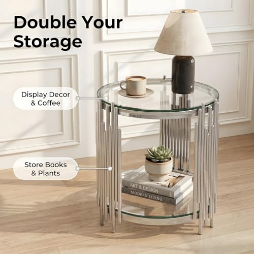 19.7''D Round Glass Side End Table with 2 Tiers (Silver)