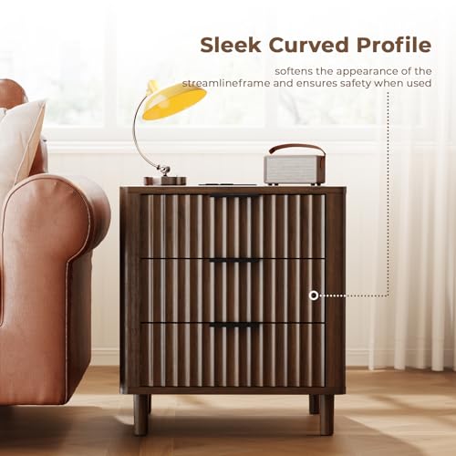 Fluted Nightstand with Charging Station (Walnut / 3 Drawers)