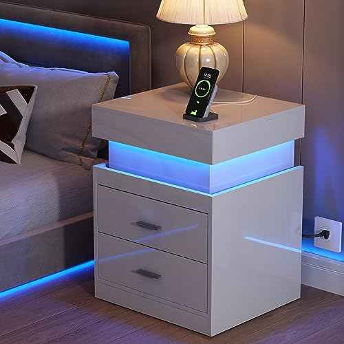 LED Nightstand with Charging Station and Sliding Storage (White / 1 Pack)