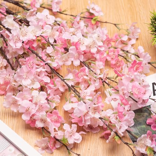 Artificial Cherry Blossom Branches Decor 6 PCS Fake Flowers Indoor (6pcs-29.92 Inch Pink)