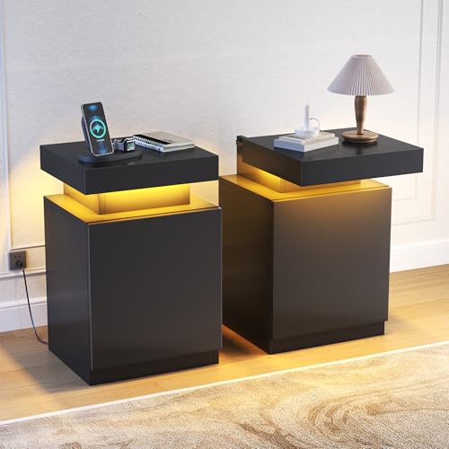 LED Nightstands Set of 2 with Charging Station (Black / 17.7 inch-2P-Charging Station)