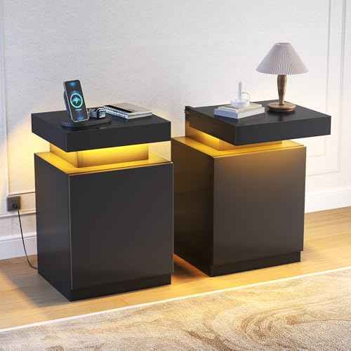 LED Nightstands Set of 2 with Charging Station (Black / 17.7 inch-2P-Charging Station)