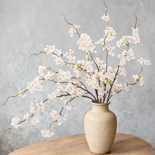 Artificial Cherry Blossom Branches Decor 6 PCS Fake Flowers Indoor (6pcs-29.92 Inch White)