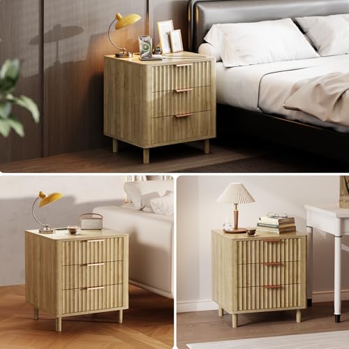 Fluted Nightstand Set of 2 with Charging Station (Oak / 3 Drawers)