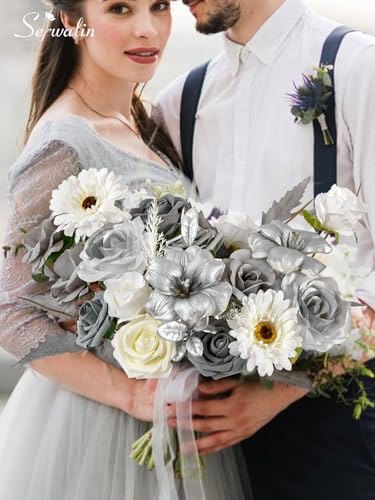 Silver Grey Artificial Flowers Silk Fake Flowers for DIY Wedding (Grey,silver / 1 Box)