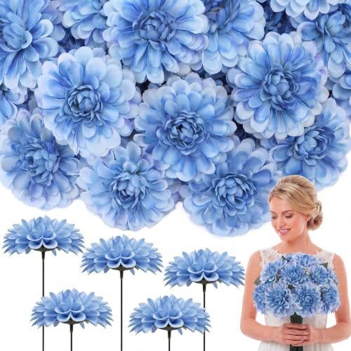 100pcs Blue Artificial Dahlia Flowers with Stems (Blue)