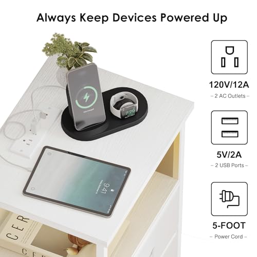 Night Stand with Charging Station (15.7"D x 11.8"W x 23.6"H (2 drawers) / Power+Light (1pc) / White)