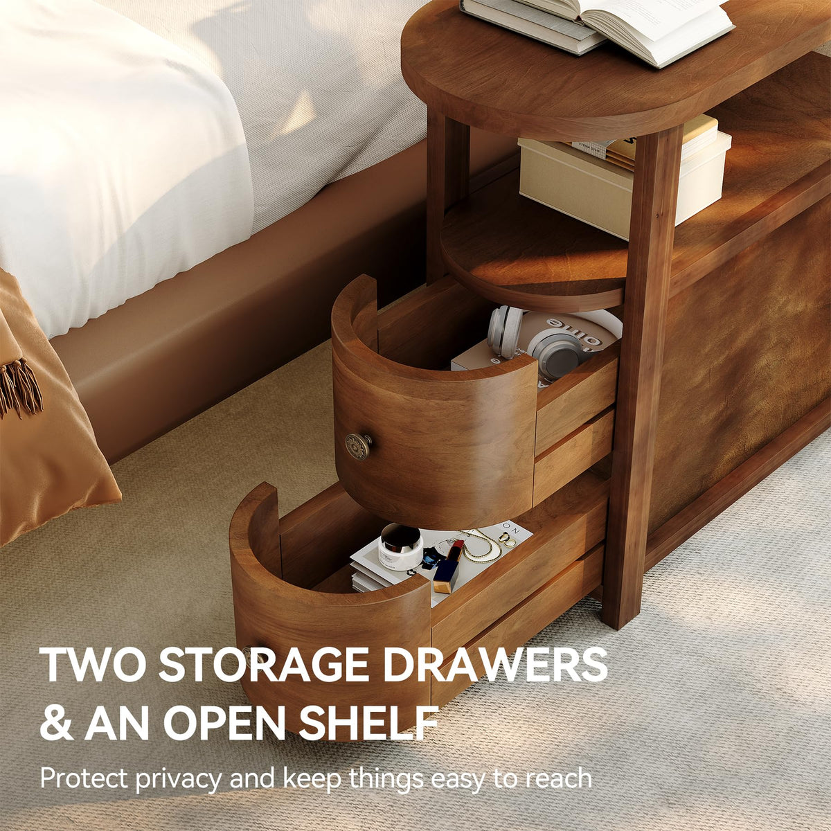 Solid Wood End Table with 2 Drawers & Open Shelf (Vintage Brown)