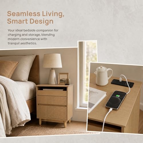 Nightstand with Charging Station (Natural Wood Color)