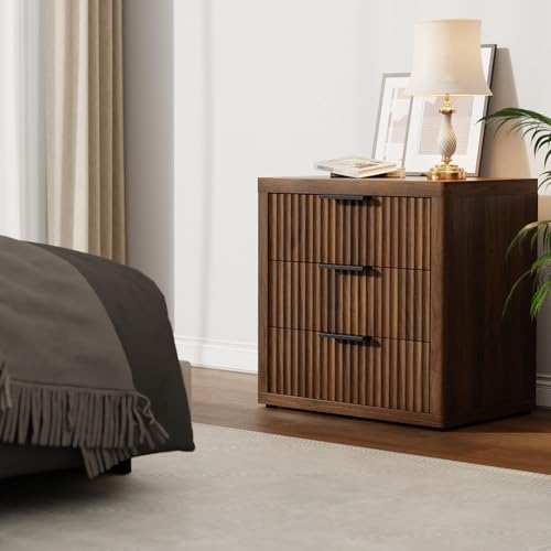 Fluted Nightstand with 3 Drawers (Walnut)