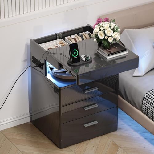 Led Nightstand with Hidden Space & Charging Station (Black)