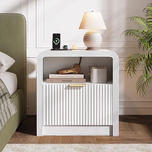 23'' Wide Fluted Nightstand Set of 2 with Charging Station (White / 1 Drawer & Open Shelf)