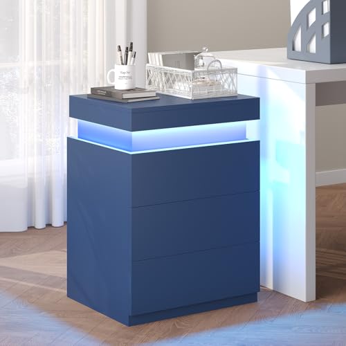 Navy Blue Modern Nightstand with LED Lights (Navy Blue)