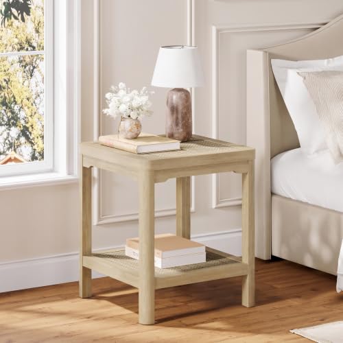 Square Rattan End Table Side Table Set of 2 with Round Edge Design (Light Oak, Square)