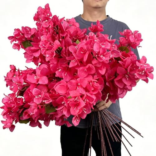 Pack of 16 Artificial Bougainvillea Flower Stems Silk Long Branches Full Blossoms for Home Wedding Table Centerpiece Event Backdrop Indoor Outdoor Decorations (Deep Pink - Pack of 16)