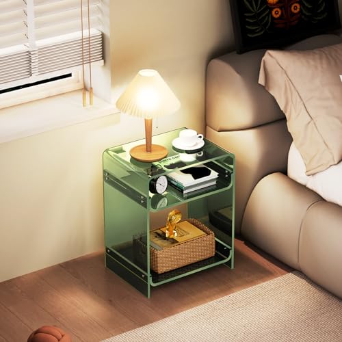 Acrylic End Table Record Player Table with Storage Shelf Clear Side Table Nightstand (Green)