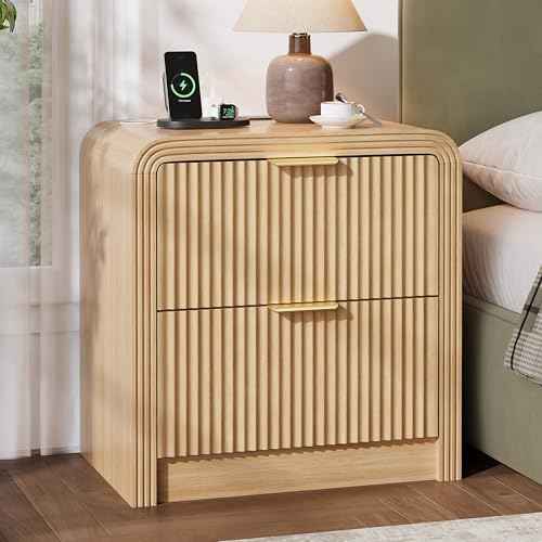 23'' Wide Fluted Nightstand with Charging Station (Oak / 2 Drawers)