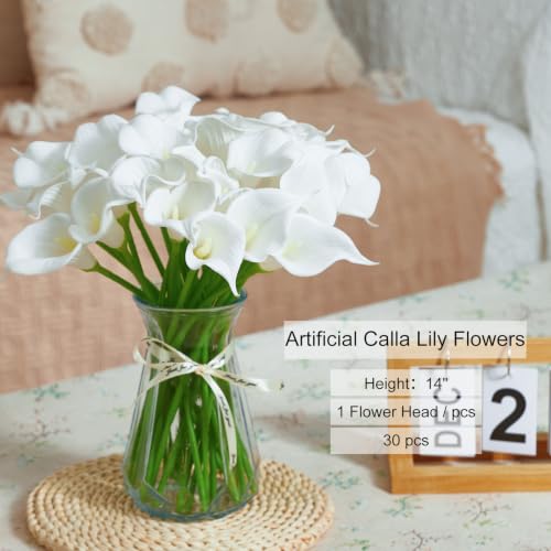 30 PCS Artificial Calla Lily Flowers Bouquet Faux Branches for Vase Fake Flower 14" Real Touch for DIY Mother's Day Wedding Party Decoration Pure White (White)