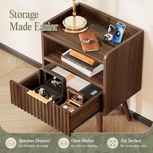 Nightstand Set of 2 with Charging Station (Walnut)