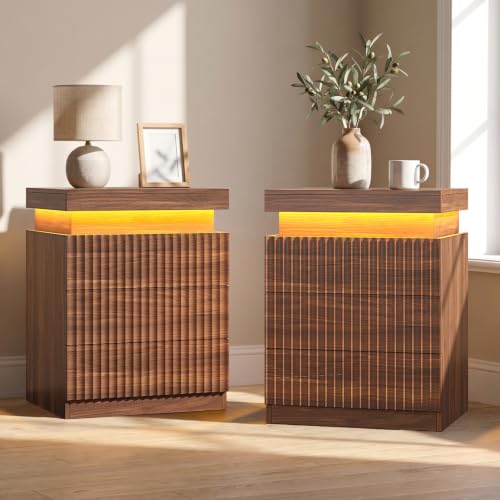 Fluted Nightstand with Charging Station and LED Lights (Walnut)