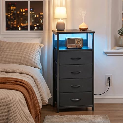 Night Stand with Charging Station (15.7"D x 11.8"W x 33.1"H (4 drawers) / Power+Light (1pc) / Black)