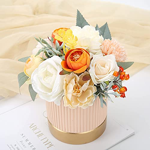18Heads Multi Use Artificial Flowers Combo for DIY Wedding Bridal Bouquet Table Chair Decor Candle Holder Baby Cake Decor Flower Strips Home Decor Gift Box (Warm Orange White)