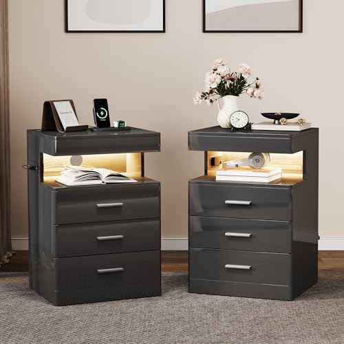 Led Nightstand with Hidden Space & Charging Station (Black)