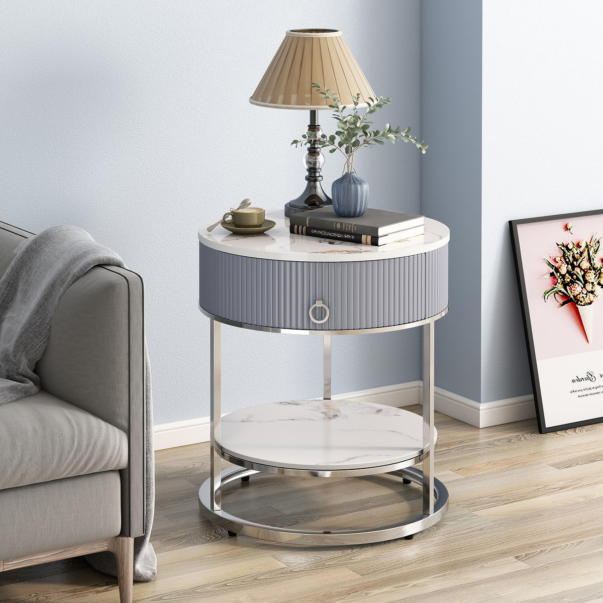 End Table with Sintered Stone Tabletop (Silver)